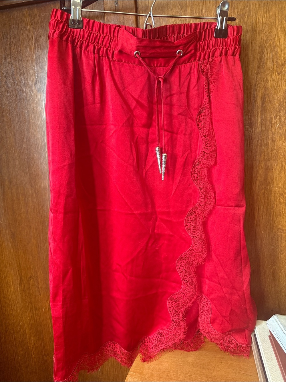 The Kooples Red Lace-Trim Midi Skirt with Drawstring Waist